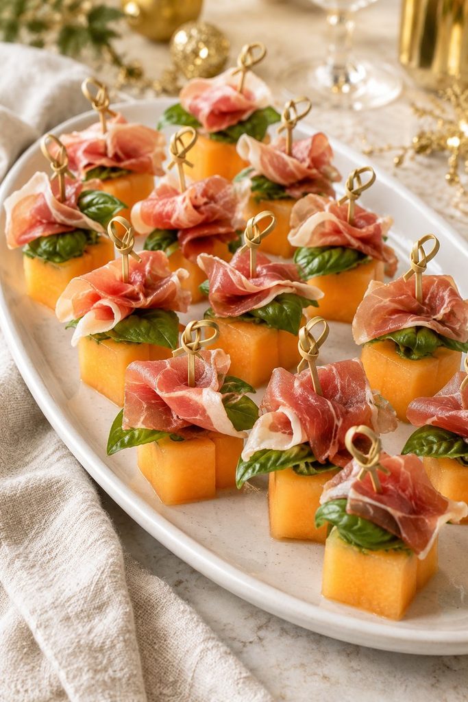 Prosciutto and melon skewers with fresh basil on a serving platter