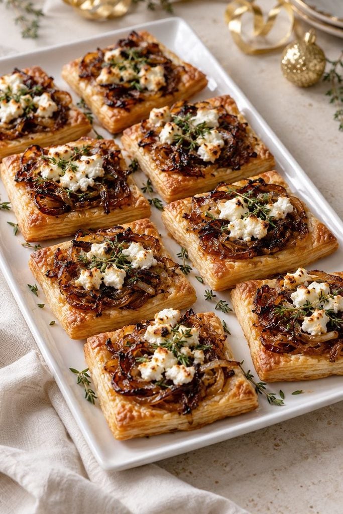 Puff pastry tart squares topped with caramelized onions, goat cheese, and fresh thyme