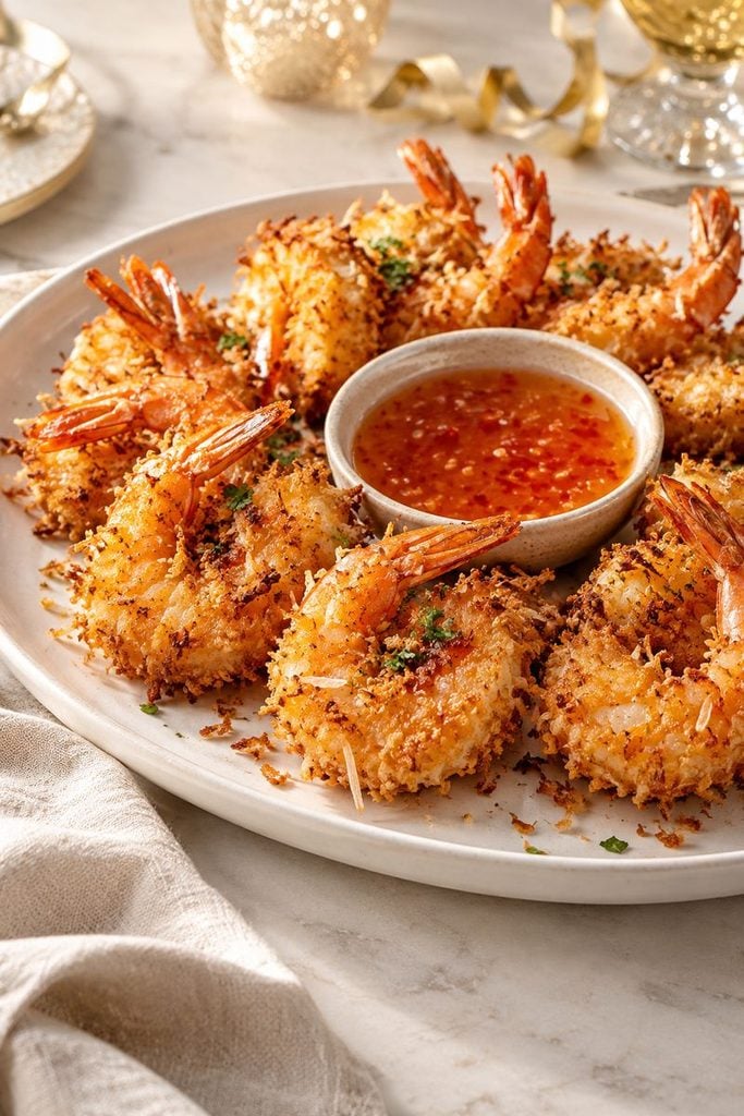 Crispy coconut shrimp arranged around a bowl of sweet chili dipping sauce