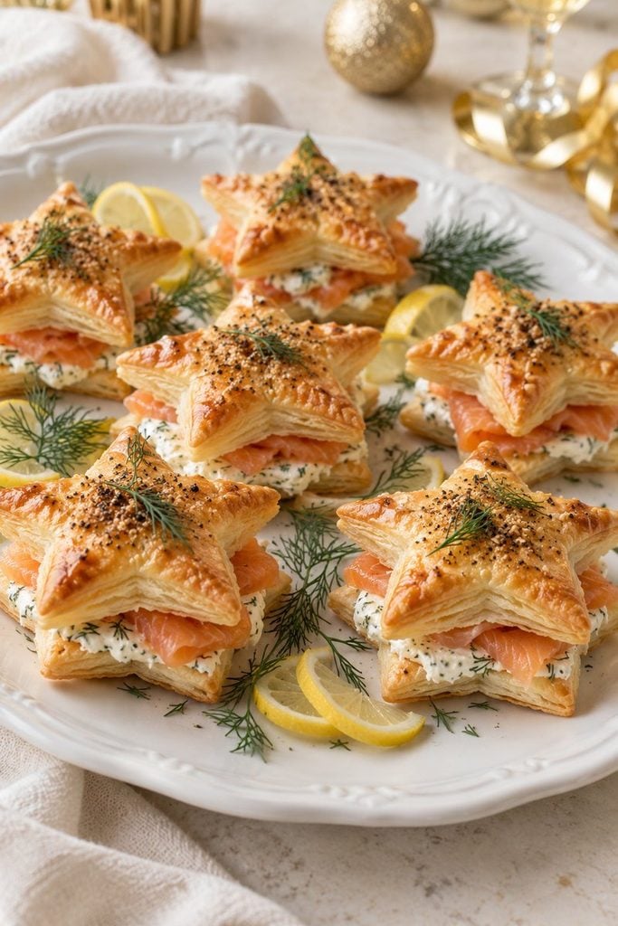 Star-shaped puff pastry sandwiches filled with lemon-dill cream cheese and smoked salmon