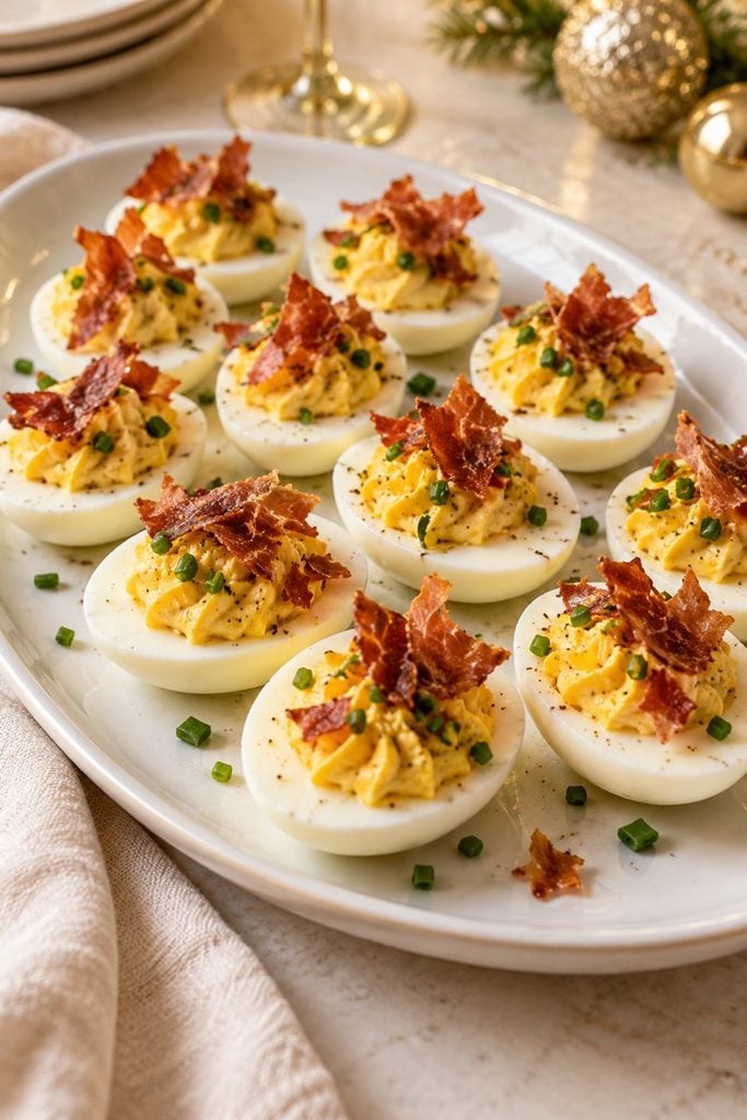 Deviled eggs piped with a star tip and topped with crispy prosciutto and chives