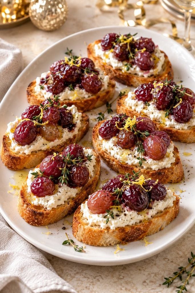 Whipped ricotta and roasted grape crostini with thyme on toasted baguette slices