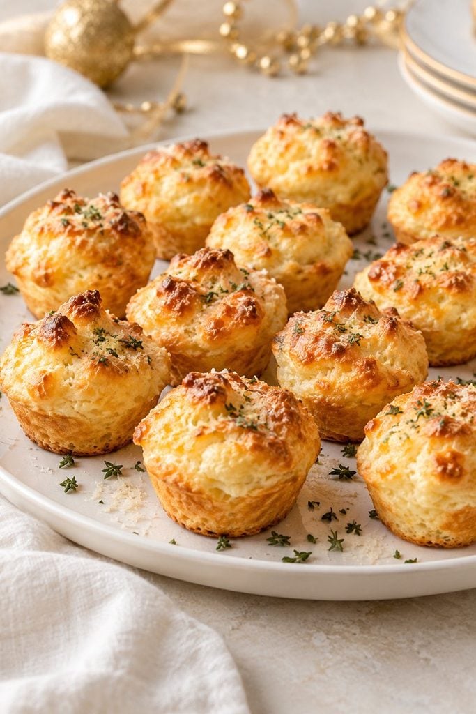 Puffed mini cheese soufflé bites baked in a mini muffin pan