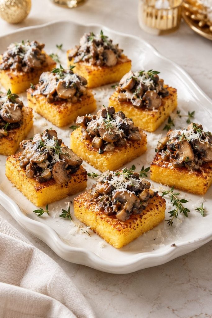 Crispy polenta squares topped with sautéed mushrooms, Parmesan, and thyme