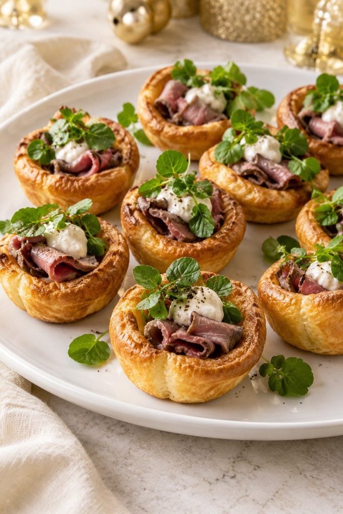 Mini Yorkshire puddings filled with sliced roast beef and horseradish cream