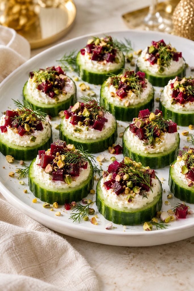 Cucumber rounds topped with whipped goat cheese, diced beets, pistachios, and dill