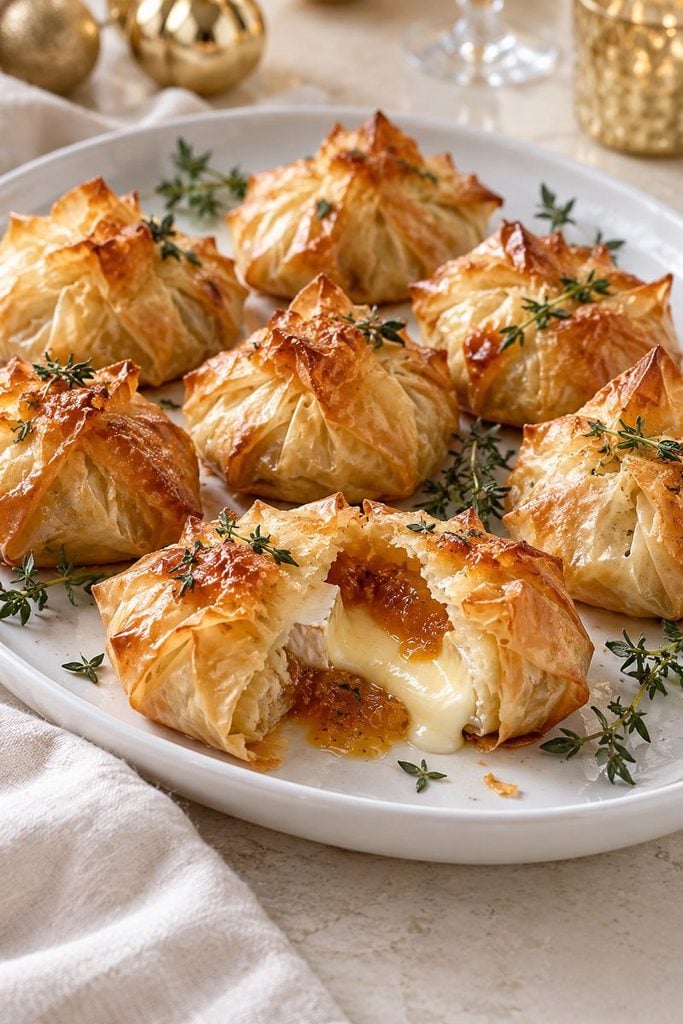 Golden mini filo parcels filled with brie and apricot preserves