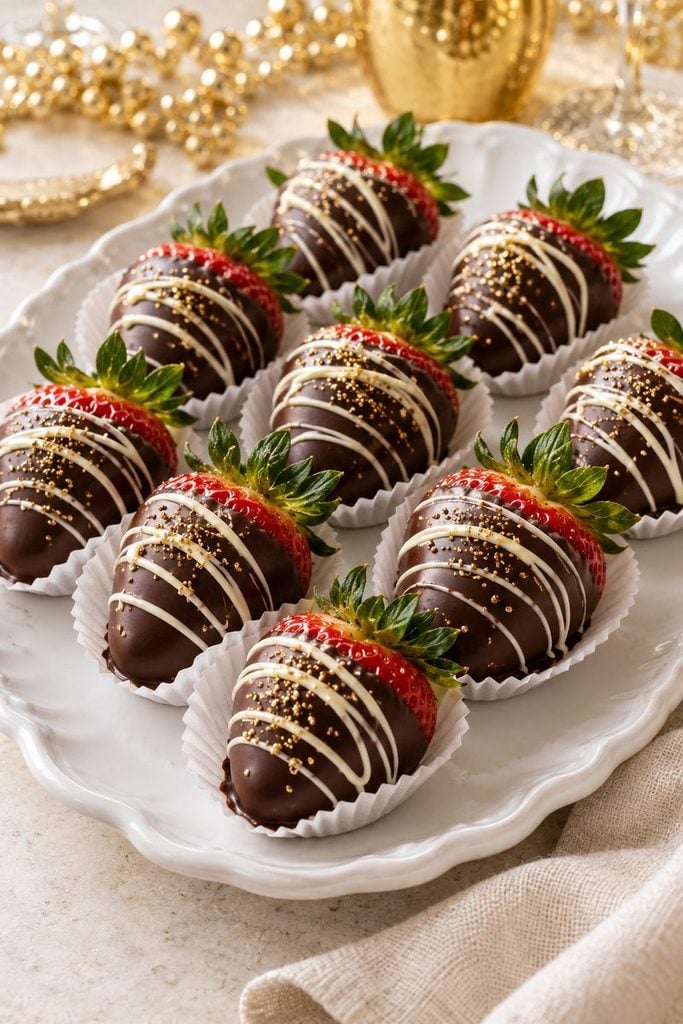 Dark chocolate-dipped strawberries with white chocolate drizzle and gold sugar